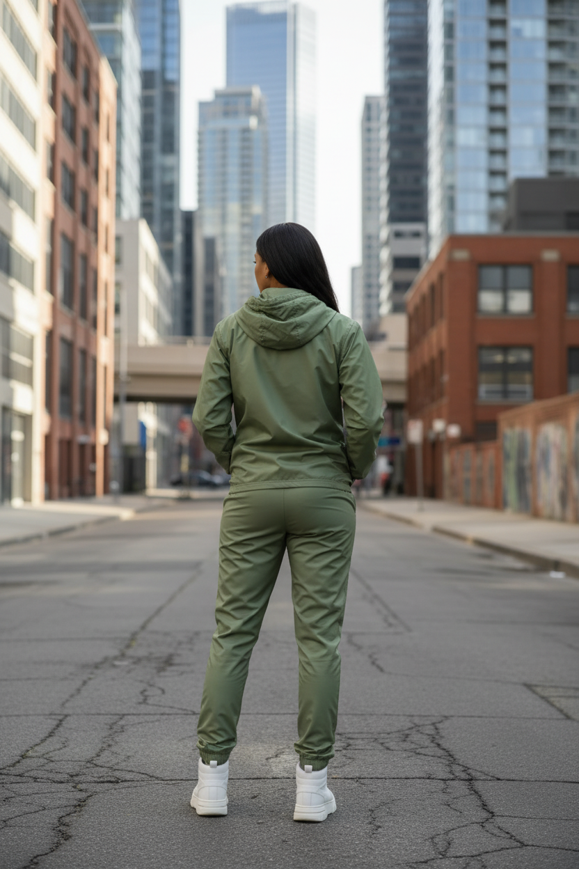Ensemble jogging vert femme - dos en décor street