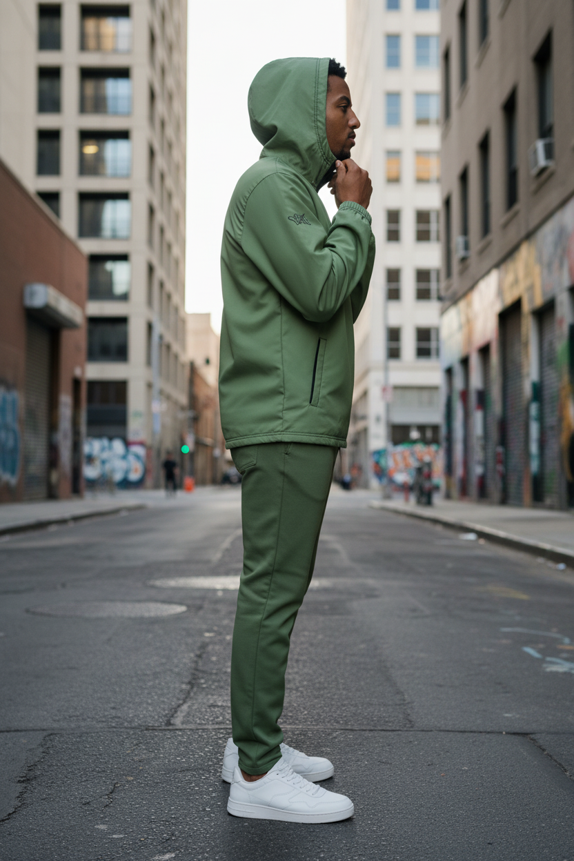 Ensemble jogging vert - vue de côté en décor street