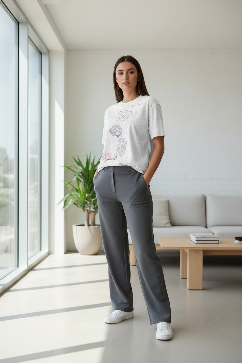Femme portant le t-shirt blanc – appart moderne