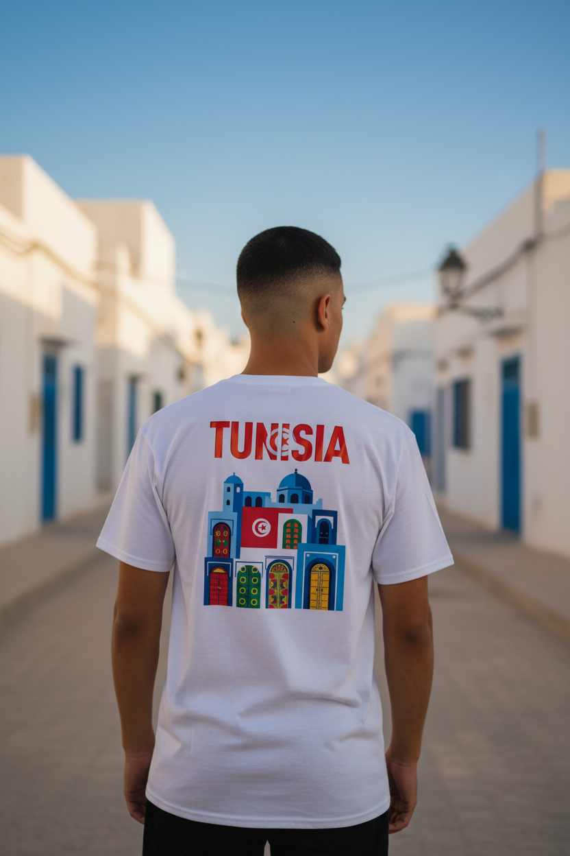 Tunisien de dos avec le t-shirt Tunisia
